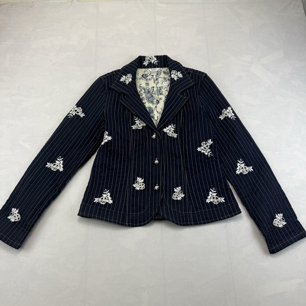 Christopher & Banks Women's S Navy Pinstripe Embroidered Floral Blazer Jacket